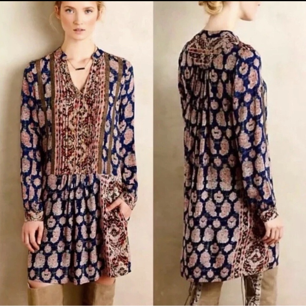 Anthropologie Tiny Paquerette Shirt Dress Sz XXS Pintucked Pleats•Button Front